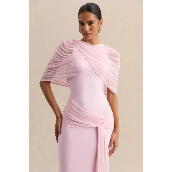 Mirene | Robe longue rose clair à encolure ronde avec détails froncés et ceinture fluide