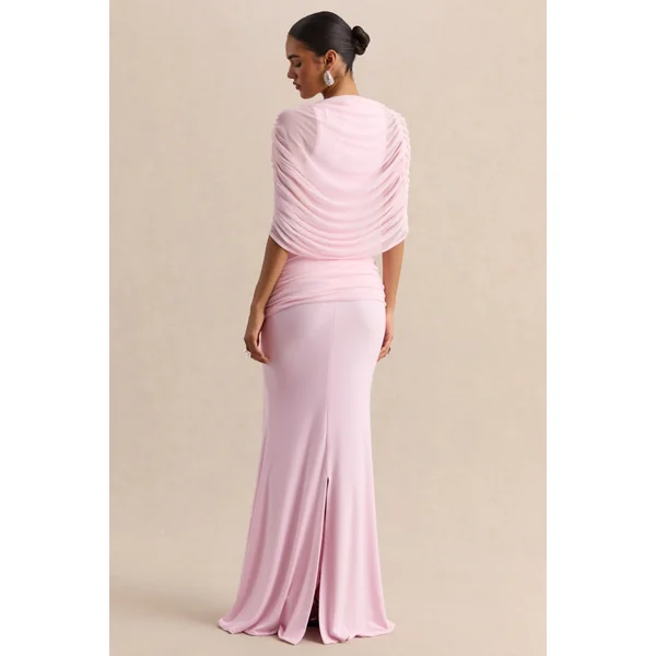 Mirene | Robe longue rose clair à encolure ronde avec détails froncés et ceinture fluide
