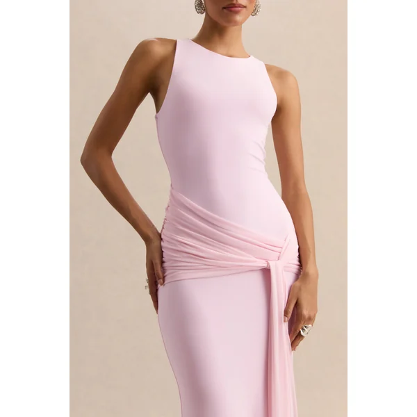 Mirene | Robe longue rose clair à encolure ronde avec détails froncés et ceinture fluide