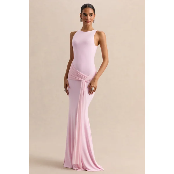 Mirene | Robe longue rose clair à encolure ronde avec détails froncés et ceinture fluide