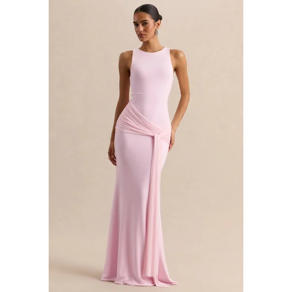 Mirene | Robe longue rose clair à encolure ronde avec détails froncés et ceinture fluide
