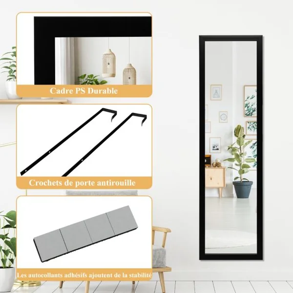 Miroir 2 en 1 Suspension Mural + Porte 119 x 33 cm avec Crochets de Porte et Vis Noir/Blanc