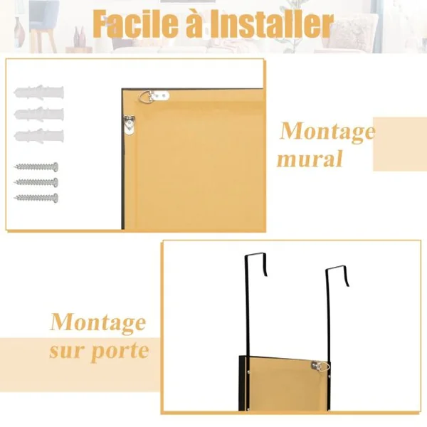 Miroir 2 en 1 Suspension Mural + Porte 119 x 33 cm avec Crochets de Porte et Vis Noir/Blanc