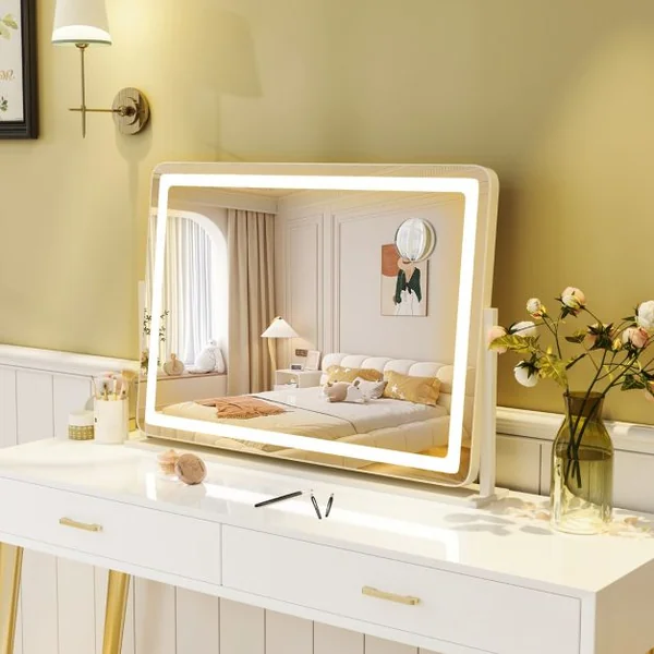 Miroir de Maquillage avec Lumières 80x55cm avec Miroir de Grossissement 10X Contrôle Tactile Mode d'Éclairage à 3 Couleurs Blanc