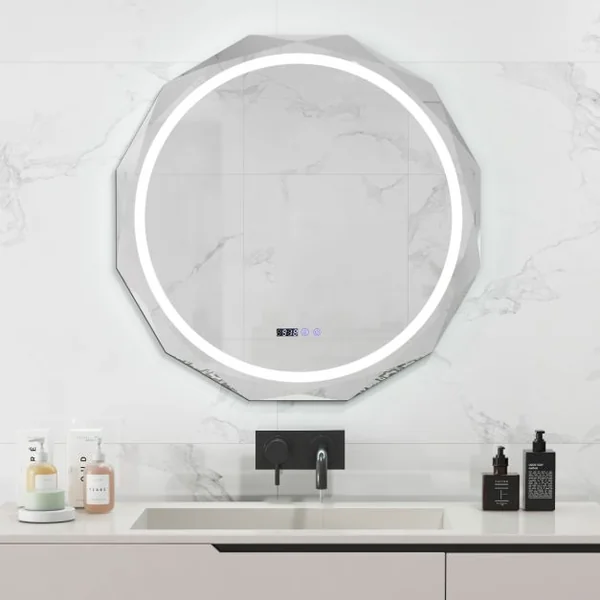 Miroir de Salle de Bain HD à LED Antibuée Miroir Antibuée à Bord Biseauté Unique avec Température en Continu à 3 Couleurs