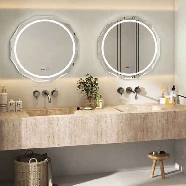 Miroir de Salle de Bain HD à LED Antibuée Miroir Antibuée à Bord Biseauté Unique avec Température en Continu à 3 Couleurs