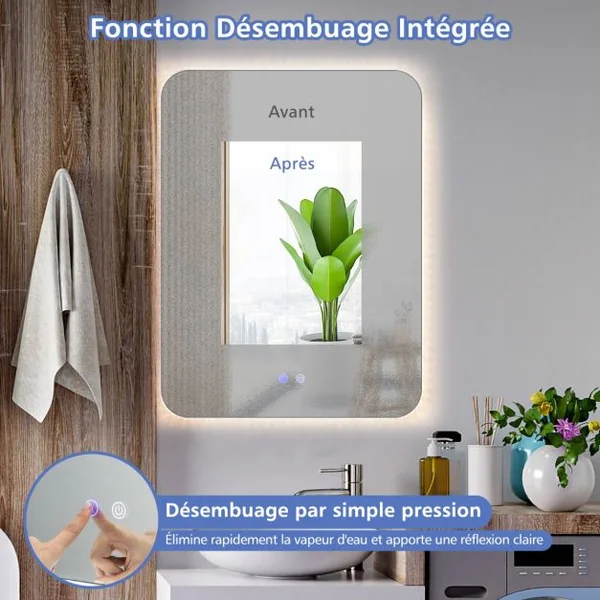 Miroir de Salle de Bain IP44 avec Lumières LED et Antibuée 80 x 60 CM Miroir Mural avec 3 Températures de Couleur Réglables