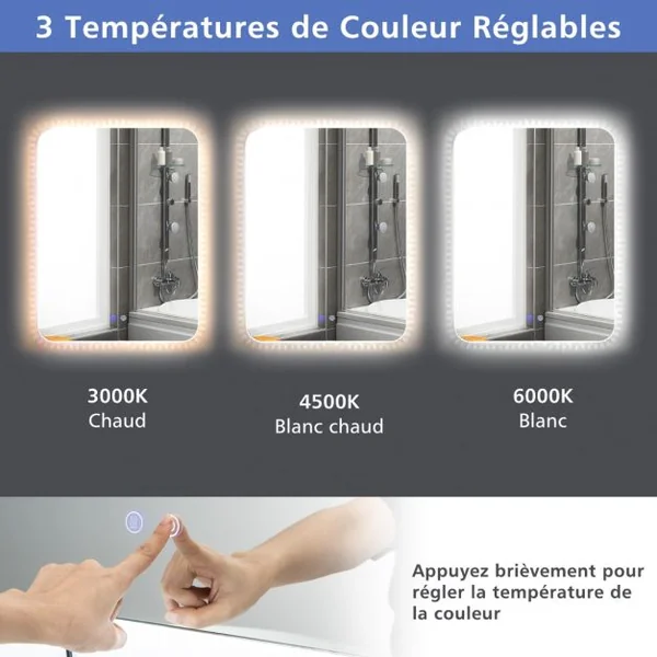 Miroir de Salle de Bain IP44 avec Lumières LED et Antibuée 80 x 60 CM Miroir Mural avec 3 Températures de Couleur Réglables