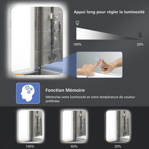 Miroir de Salle de Bain IP44 avec Lumières LED et Antibuée 80 x 60 CM Miroir Mural avec 3 Températures de Couleur Réglables