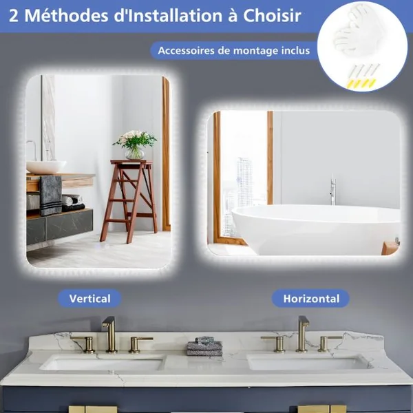 Miroir de Salle de Bain IP44 avec Lumières LED et Antibuée 80 x 60 CM Miroir Mural avec 3 Températures de Couleur Réglables