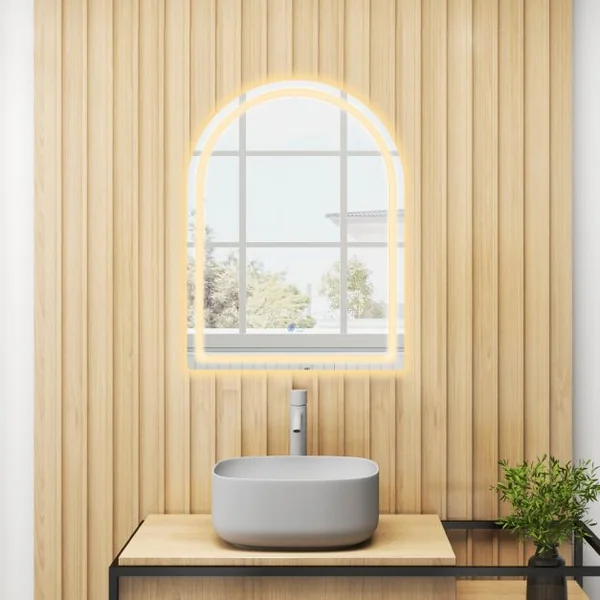 Miroir de Salle de Bain LED 80 x 60 cm Miroir Mural Arqué avec Lumières à Intensité Variable à 3 Couleurs Interrupteur Sans Cadre