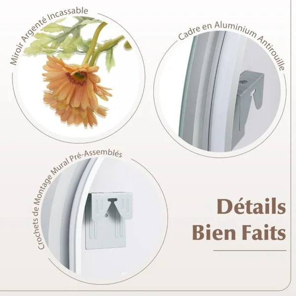 Miroir de Salle de Bain LED 80 x 60 cm Miroir Mural Arqué avec Lumières à Intensité Variable à 3 Couleurs Interrupteur Sans Cadre