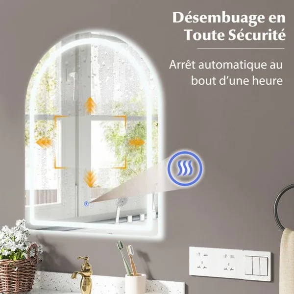 Miroir de Salle de Bain LED 80 x 60 cm Miroir Mural Arqué avec Lumières à Intensité Variable à 3 Couleurs Interrupteur Sans Cadre