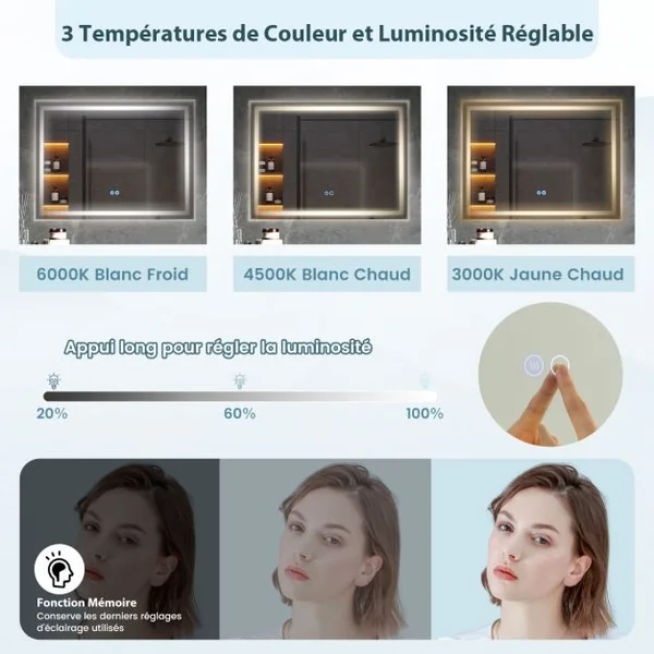 Miroir de Salle de Bain LED 80x60 cm Miroir Mural Rectangulaire avec Lumières à Intensité Variable à 3 Couleurs