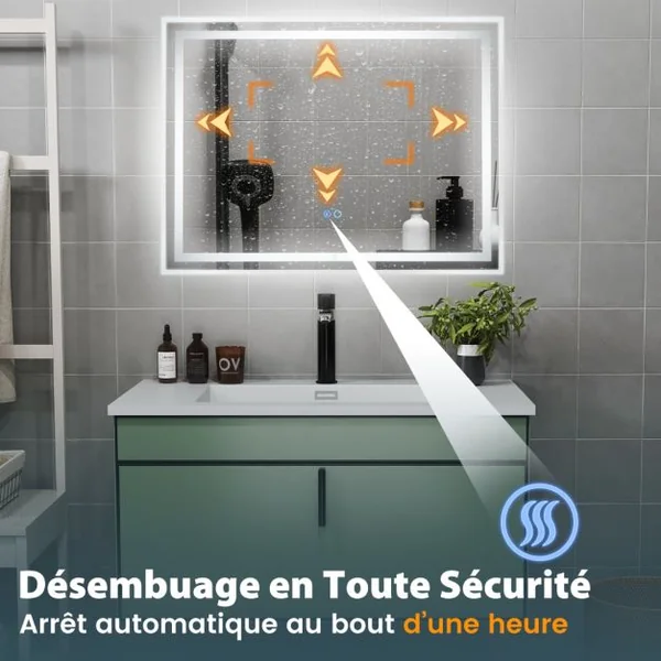 Miroir de Salle de Bain LED 80x60 cm Miroir Mural Rectangulaire avec Lumières à Intensité Variable à 3 Couleurs