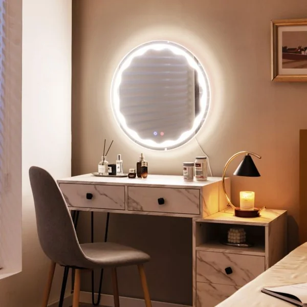 Miroir de Salle de Bain Rondeφ60cm LED 3 Couleurs Anti-Buée avec Fonction Mémoire Interrupteur Tactile Étanche IP65