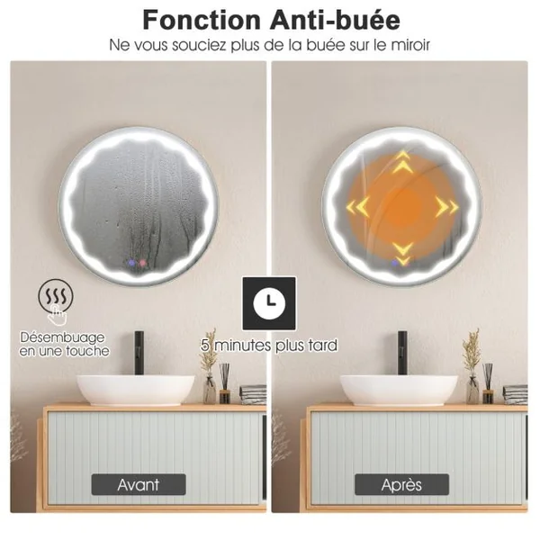 Miroir de Salle de Bain Rondeφ60cm LED 3 Couleurs Anti-Buée avec Fonction Mémoire Interrupteur Tactile Étanche IP65