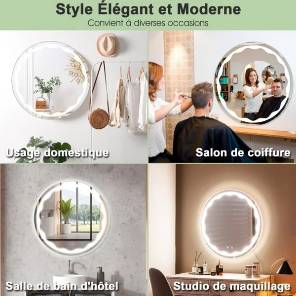 Miroir de Salle de Bain Rondeφ60cm LED 3 Couleurs Anti-Buée avec Fonction Mémoire Interrupteur Tactile Étanche IP65