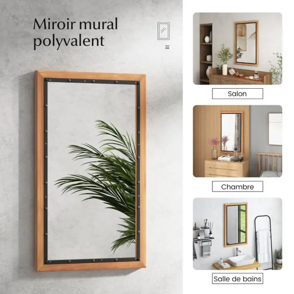 Miroir Décoratif à Cadre en Bois Miroir Mural Décoratif Rustique de 50 x 90 cm
