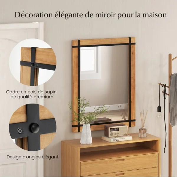 Miroir Décoratif à Cadre en Bois Miroir Mural Décoratif Rustique de 77 x 99,5 cm