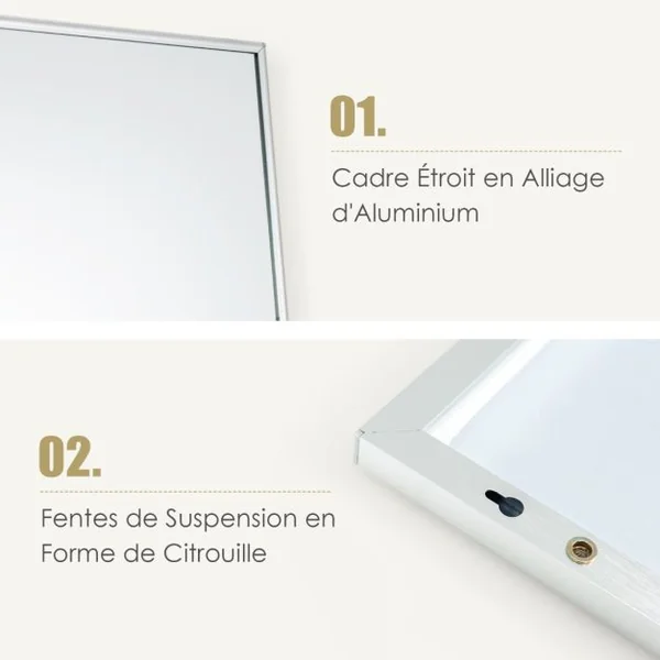 Miroir HD Psyché Mural Miroir Rectangulaire de Grand Format H 120 x L37 CM Cadre Argent en Alliage d'Aluminium Noir/Argent/Or
