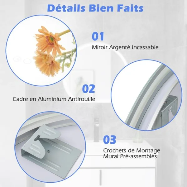 Miroir LED 60 x 54 cm Mural avec Lumières à Intensité Variable à 3 Couleurs Interrupteur Tactile Fonction Antibuée et Mémoire Sans Cadre