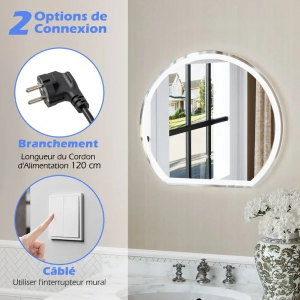 Miroir LED 60 x 54 cm Mural avec Lumières à Intensité Variable à 3 Couleurs Interrupteur Tactile Fonction Antibuée et Mémoire Sans Cadre