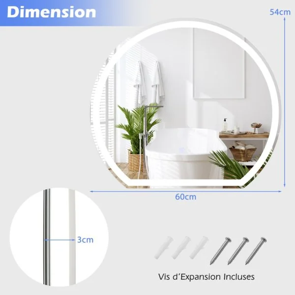 Miroir LED 60 x 54 cm Mural avec Lumières à Intensité Variable à 3 Couleurs Interrupteur Tactile Fonction Antibuée et Mémoire Sans Cadre