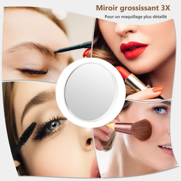 Miroir Maquillage Hollywood-18 Ampoules LED Tactile Grossissement 3x Éclairage Blanc Froid/Chaud/Neutre