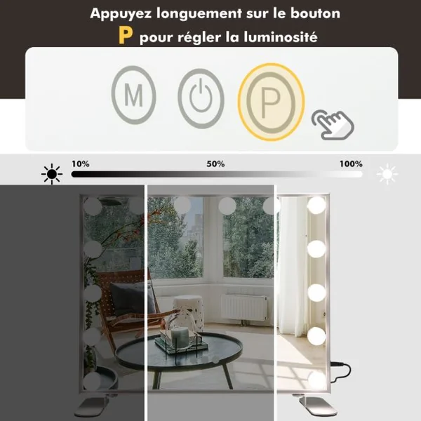 Miroir Maquillage Hollywood 14 Ampoules LED Tactile Éclairage Luminosité Rglable Blanc Froid/Chaud/Neutre