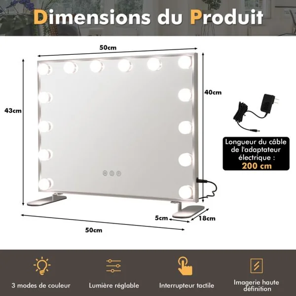 Miroir Maquillage Hollywood 14 Ampoules LED Tactile Éclairage Luminosité Rglable Blanc Froid/Chaud/Neutre