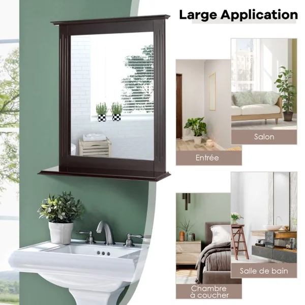 Miroir Mural avec Tablette de Rangement pour Salle de Bain Couloire Chambre en Mdf 57x12x68cm Café