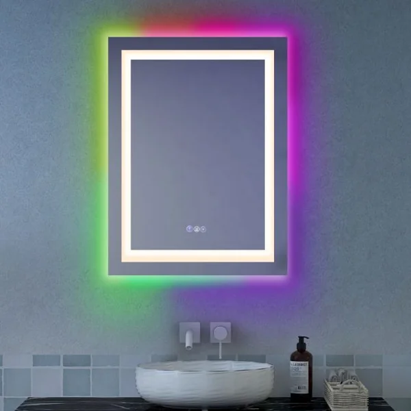 Miroir Mural de Salle de Bain 80 cm x 60 cm Miroir de Maquillage avec Lumière Colorée Antibuée
