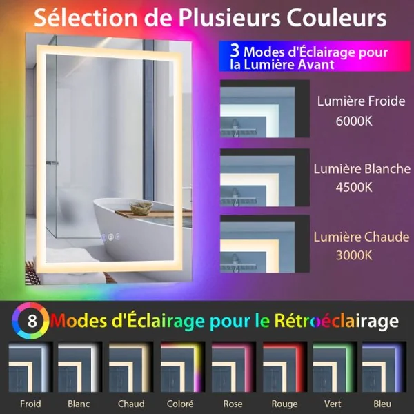 Miroir Mural de Salle de Bain 80 cm x 60 cm Miroir de Maquillage avec Lumière Colorée Antibuée