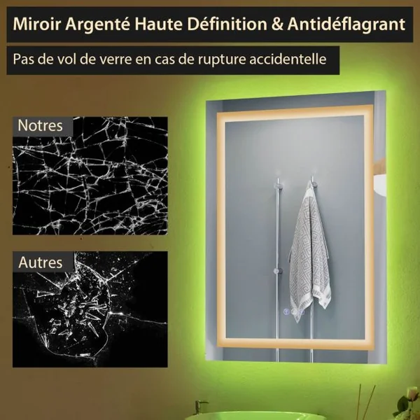 Miroir Mural de Salle de Bain 80 cm x 60 cm Miroir de Maquillage avec Lumière Colorée Antibuée