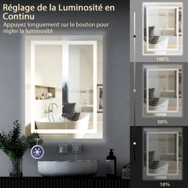 Miroir Mural de Salle de Bain 80 cm x 60 cm Miroir de Maquillage avec Lumière Colorée Antibuée