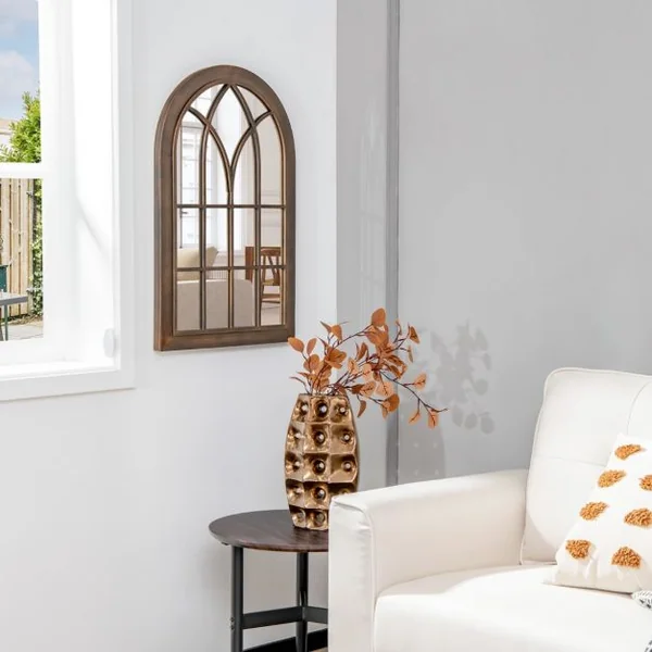 Miroir Mural Décoratif - Cadre en Métal Verrière - Arche Design pour Salon Chambre Entrée 76 x 50 X 3,5 CM Marron Rustique