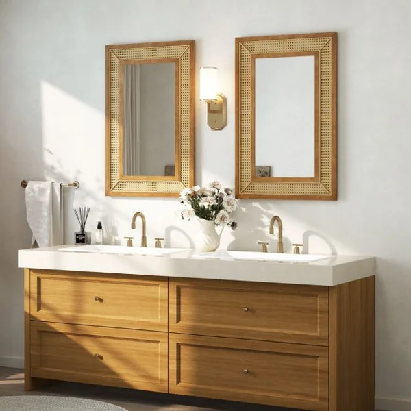 Miroir Mural en Rotin Miroir Décoratif en Arc Boho avec Cadre en Bois Miroir Suspendu Style Ferme 90 x 60 cm Naturel
