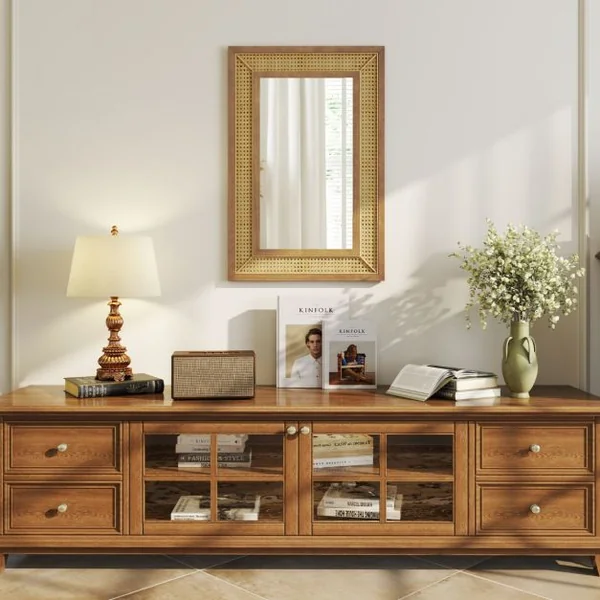 Miroir Mural en Rotin Miroir Décoratif en Arc Boho avec Cadre en Bois Miroir Suspendu Style Ferme 90 x 60 cm Naturel