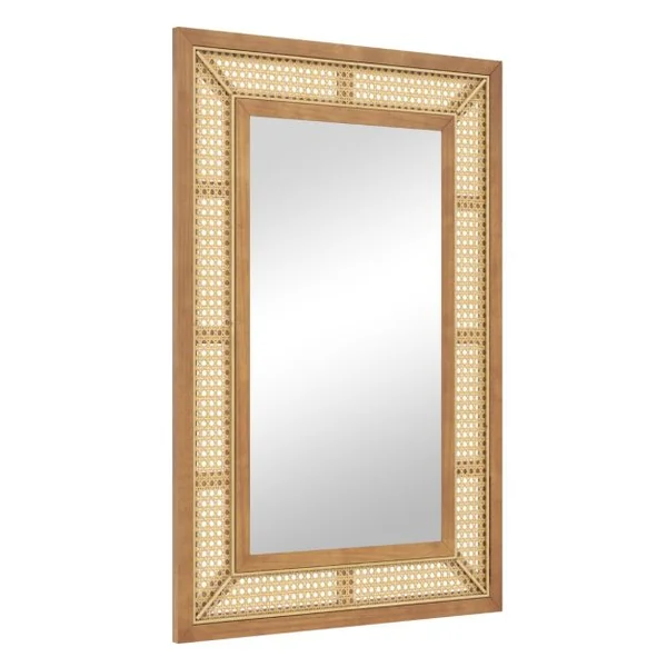 Miroir Mural en Rotin Miroir Décoratif en Arc Boho avec Cadre en Bois Miroir Suspendu Style Ferme 90 x 60 cm Naturel