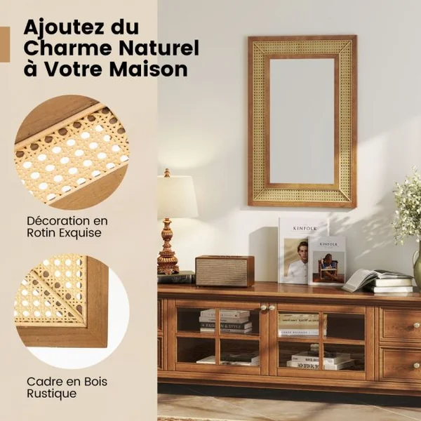 Miroir Mural en Rotin Miroir Décoratif en Arc Boho avec Cadre en Bois Miroir Suspendu Style Ferme 90 x 60 cm Naturel