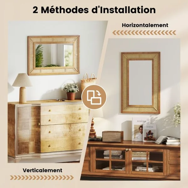 Miroir Mural en Rotin Miroir Décoratif en Arc Boho avec Cadre en Bois Miroir Suspendu Style Ferme 90 x 60 cm Naturel