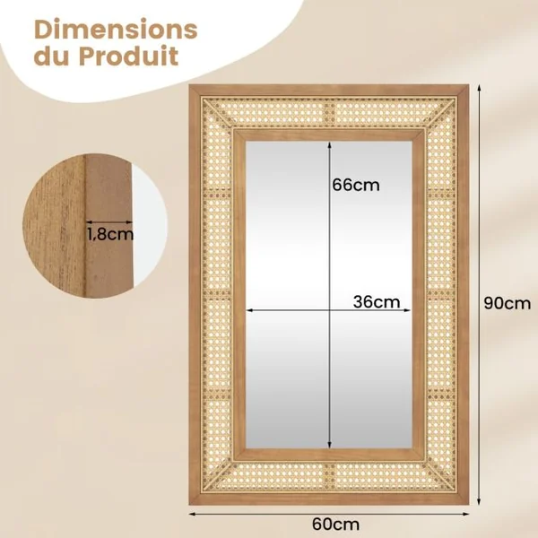 Miroir Mural en Rotin Miroir Décoratif en Arc Boho avec Cadre en Bois Miroir Suspendu Style Ferme 90 x 60 cm Naturel