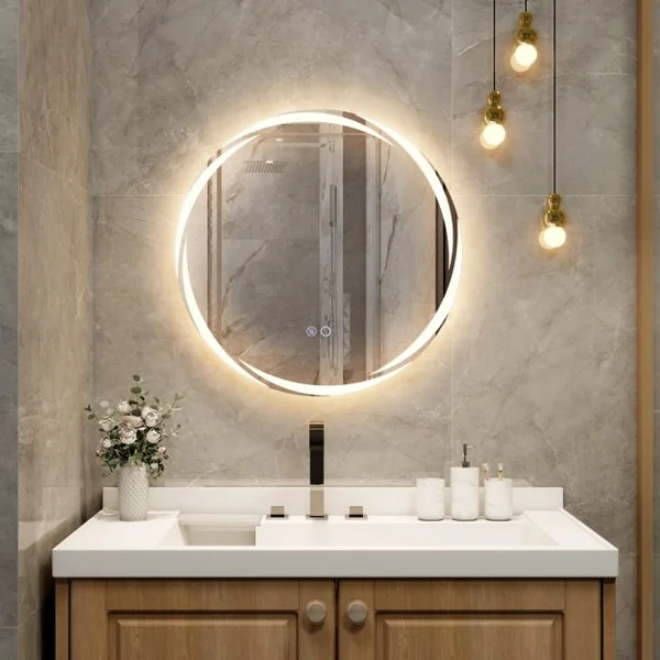 Miroir Mural LED 60 x 60 cm avec Lumières à Intensité Variable à 3 Couleurs Interrupteur Tactile Fonction Antibuée et Mémoire Sans Cadre