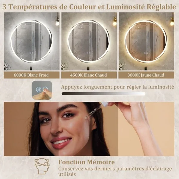 Miroir Mural LED 60 x 60 cm avec Lumières à Intensité Variable à 3 Couleurs Interrupteur Tactile Fonction Antibuée et Mémoire Sans Cadre