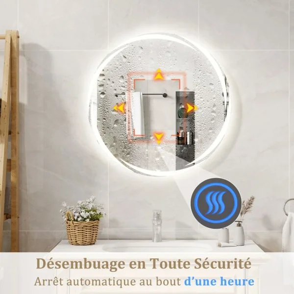 Miroir Mural LED 60 x 60 cm avec Lumières à Intensité Variable à 3 Couleurs Interrupteur Tactile Fonction Antibuée et Mémoire Sans Cadre