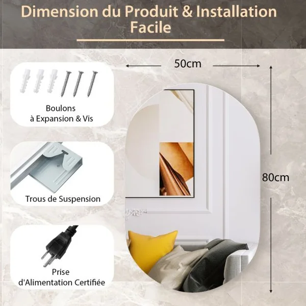Miroir Mural Ovale 80 cm x 50 cm Rétro-éclairé à Intensité Variable