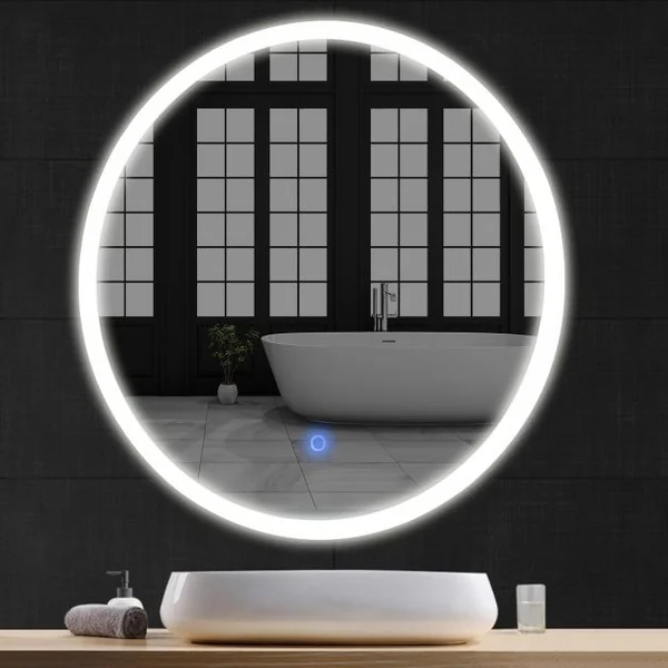 Miroir Mural Ovale Éclairage LED Intégré et Commutateur Intelligent pour Salle de Bain en Verre, 60x60x5,5cm, Blanc