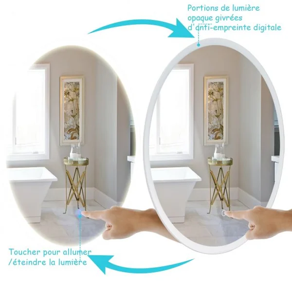Miroir Mural Ovale Éclairage LED Intégré et Commutateur Intelligent pour Salle de Bain en Verre, 60x60x5,5cm, Blanc