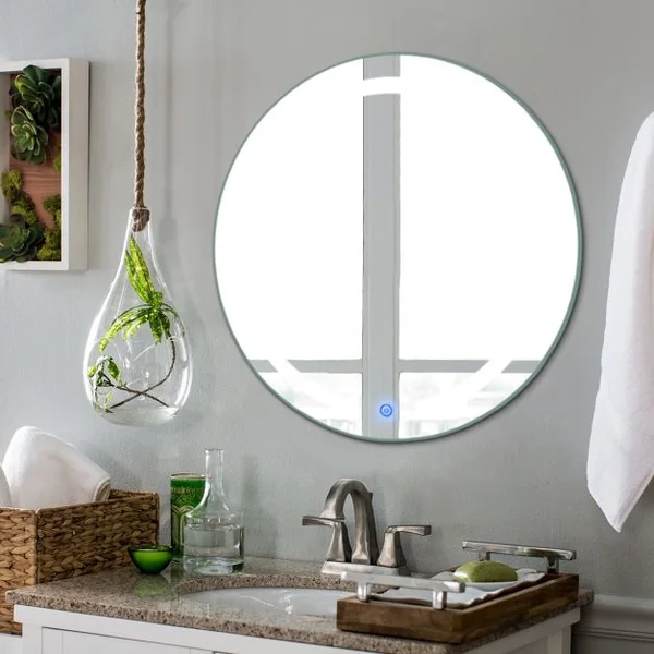 Miroir mural rond 50 cm Miroir de maquillage mural en verre avec interrupteur tactile intelligent LED Lumière blanche